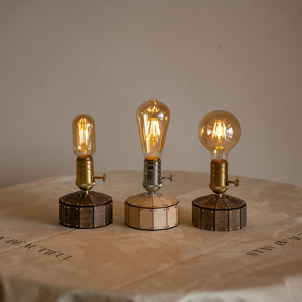 Industrial Cordless Walnut Wood Edison Table Lamp for Bar & Bistro