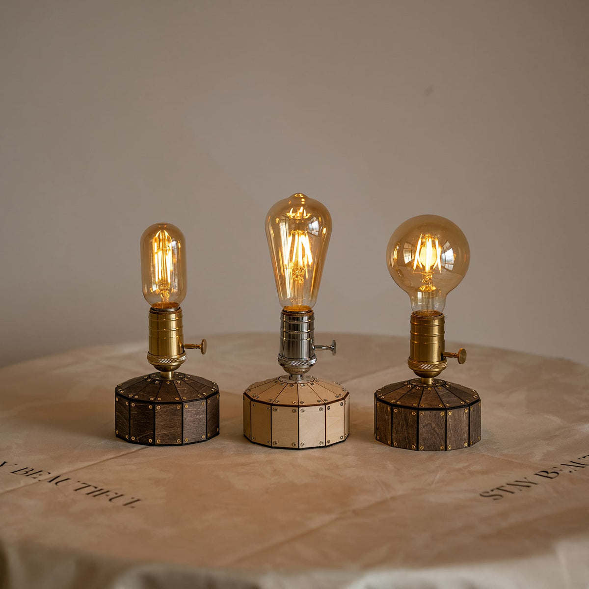 Industrial Cordless Walnut Wood Edison Table Lamp for Bar & Bistro