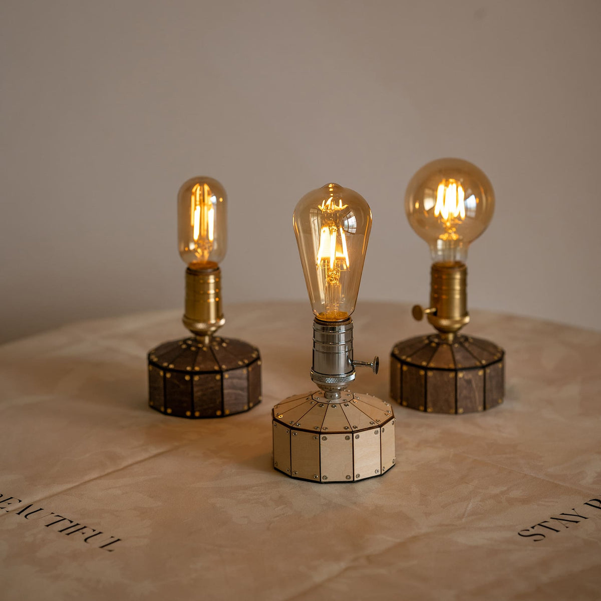 Industrial Cordless Walnut Wood Edison Table Lamp for Bar & Bistro