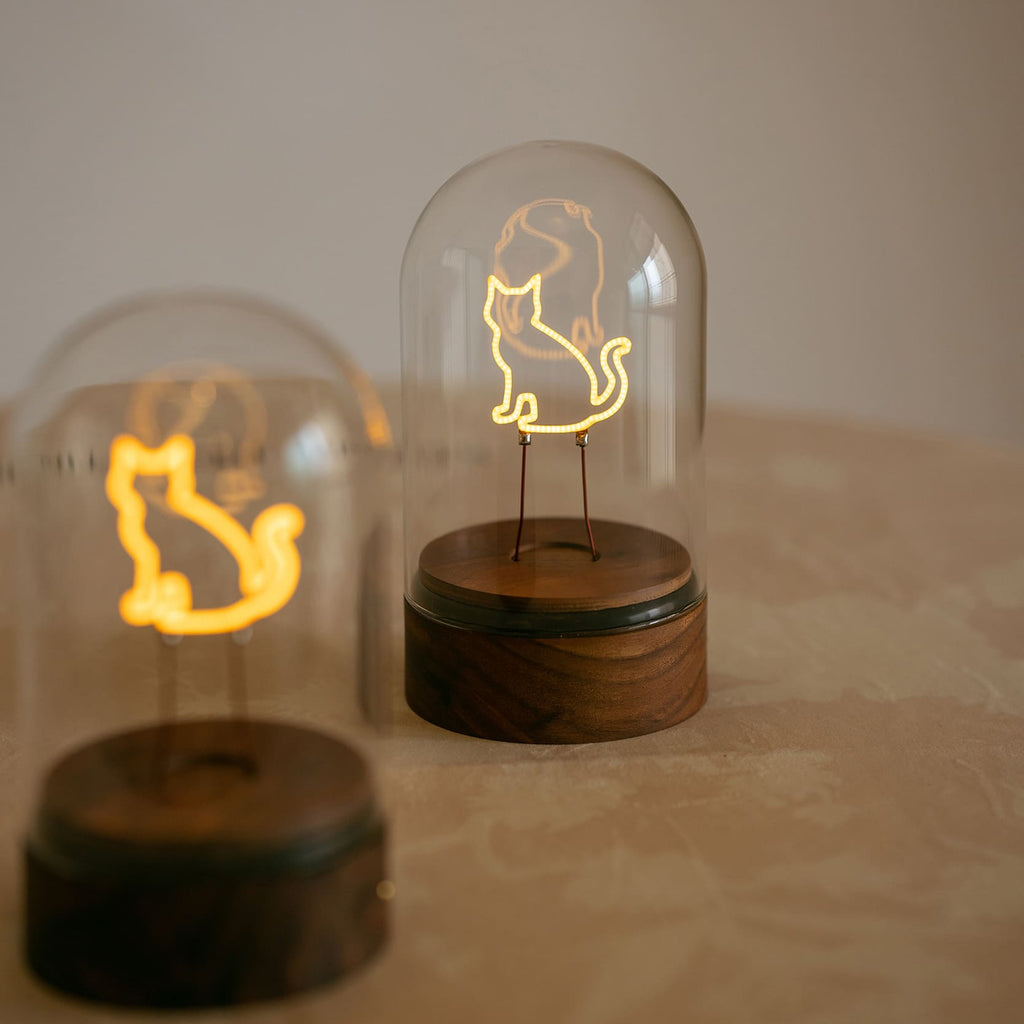Cordless Cat Filament Glass Cloche Table Lamp with Walnut Base for Home & Gifts