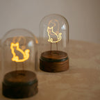Cordless Cat Filament Glass Cloche Table Lamp with Walnut Base for Home & Gifts