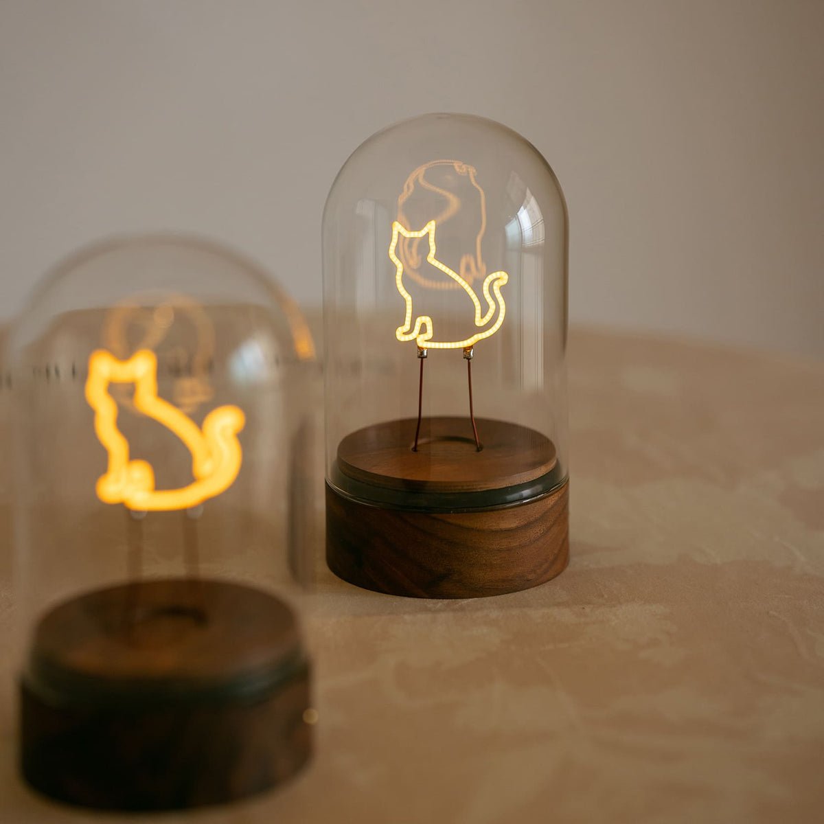 Cordless Cat Filament Glass Cloche Table Lamp with Walnut Base for Home & Gifts