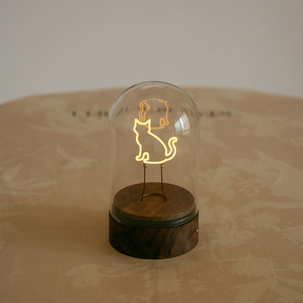 Cordless Cat Filament Glass Cloche Table Lamp with Walnut Base for Home & Gifts