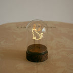 Cordless Cat Filament Glass Cloche Table Lamp with Walnut Base for Home & Gifts