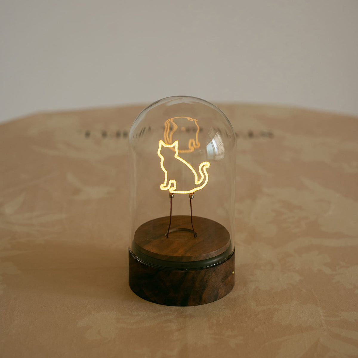 Cordless Cat Filament Glass Cloche Table Lamp with Walnut Base for Home & Gifts
