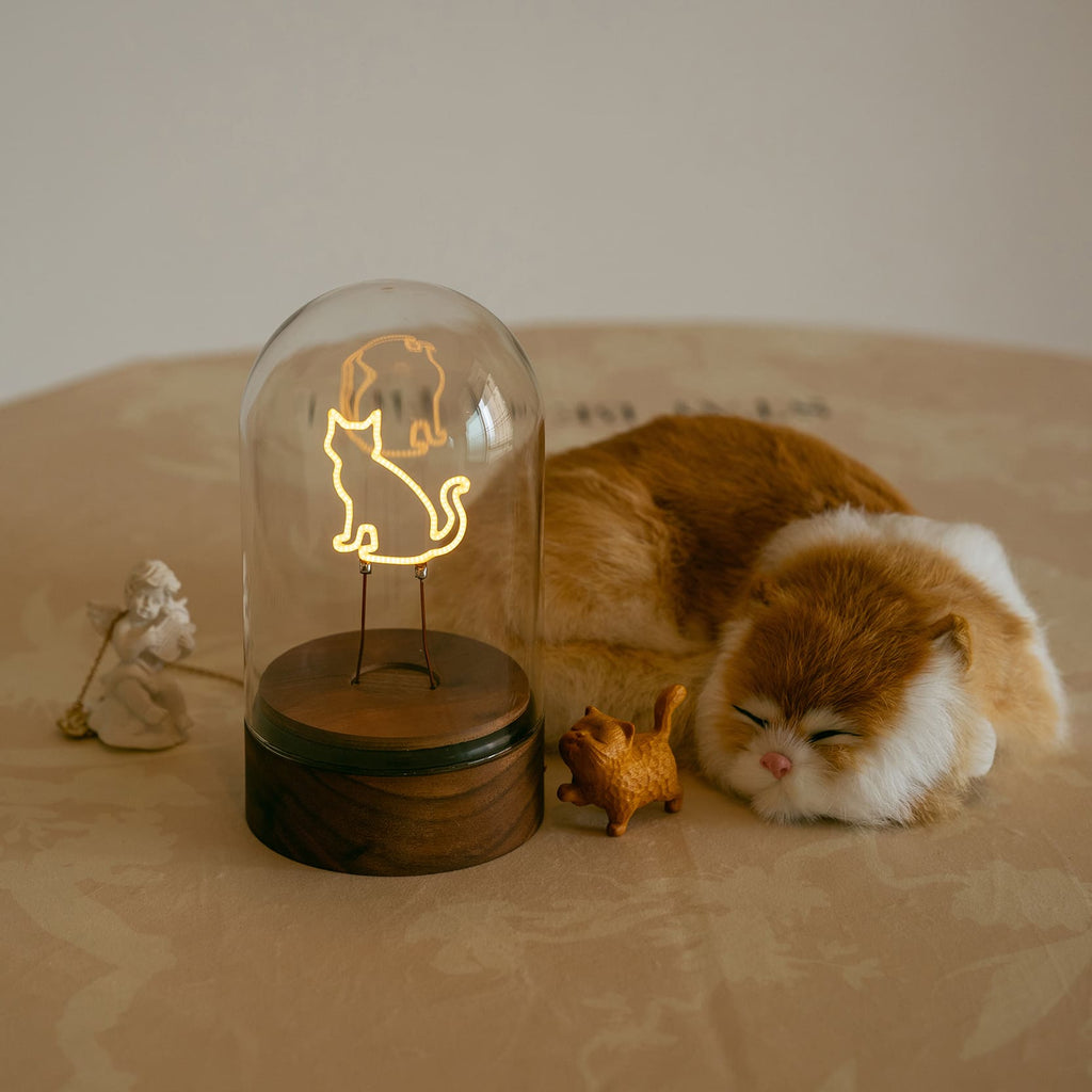 Cordless Cat Filament Glass Cloche Table Lamp with Walnut Base for Home & Gifts