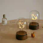 Cordless Cat Filament Glass Cloche Table Lamp with Walnut Base for Home & Gifts